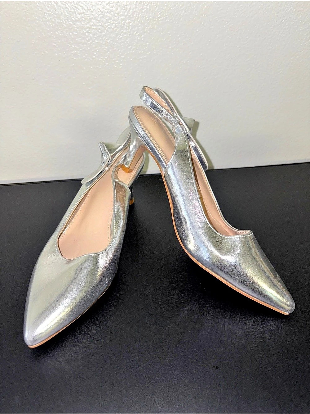 Silver Slingback Bow Heels Like New 7.5